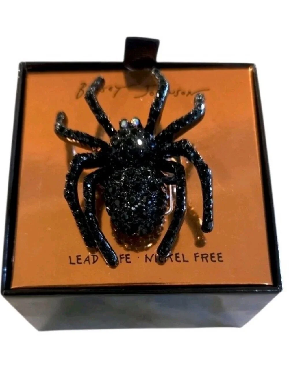 Betsey Johnson Black Crystal Encrusted Spider Cocktail Stretch Ring, NEW IN BOX